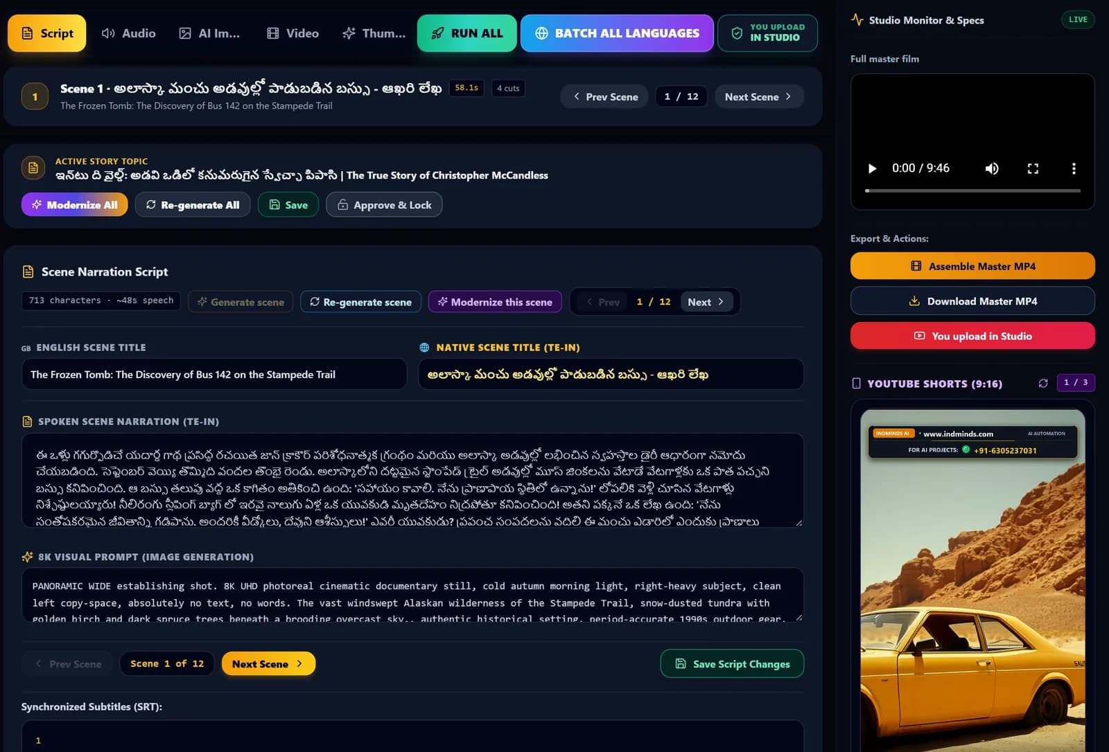IndMinds AI Video Studio script tab showing a 12-scene documentary script, narration and image prompt